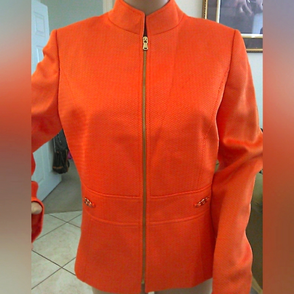 BNWT TAHARI LEVINE Vibrant Orange Blazer W Stand-Up Collar & Tailored Fit SZ 8